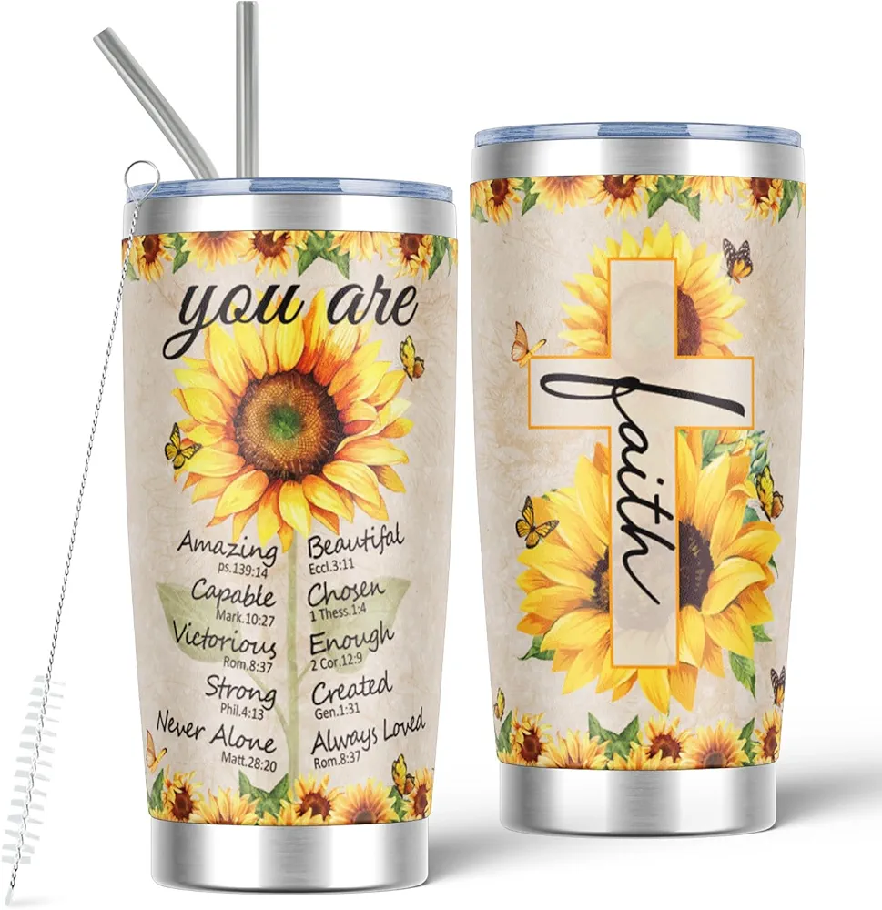 Christian Gifts for Women, Inspirational Spiritual Bible Faith Based Sunflower Gifts for Women, Stainless Steel Sunflower Christian Tumbler Coffee Cup With Lid And Straw, Christmas Gifts, 20 Oz