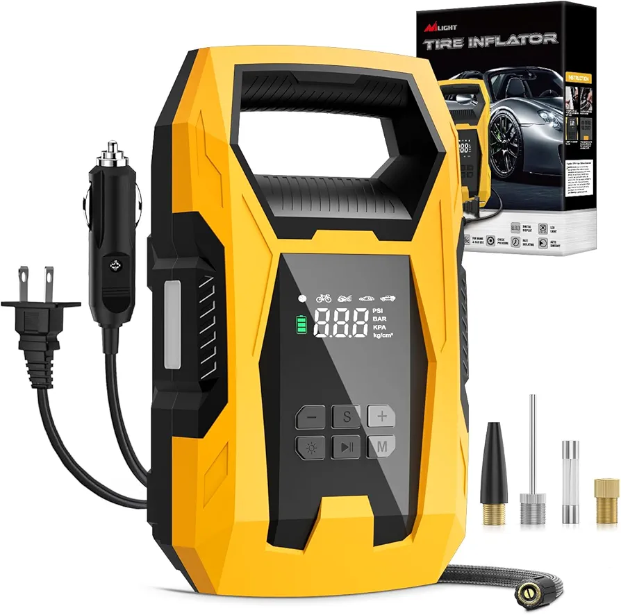 Nilight AC/DC Tire Inflator Portable Air Compressor Dual Power Supply 110V AC 12V DC 150PSI Heavy Duty Air Pump with LED Light Pressure Gauge Auto Shutoff Tire Pump for Car Motorcycle Bicycle Ball