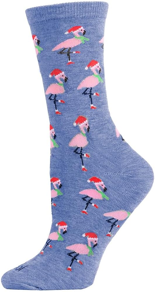 MeMoi Women's Festive Flamingo Holiday Crew Socks Denim Heather 9-11