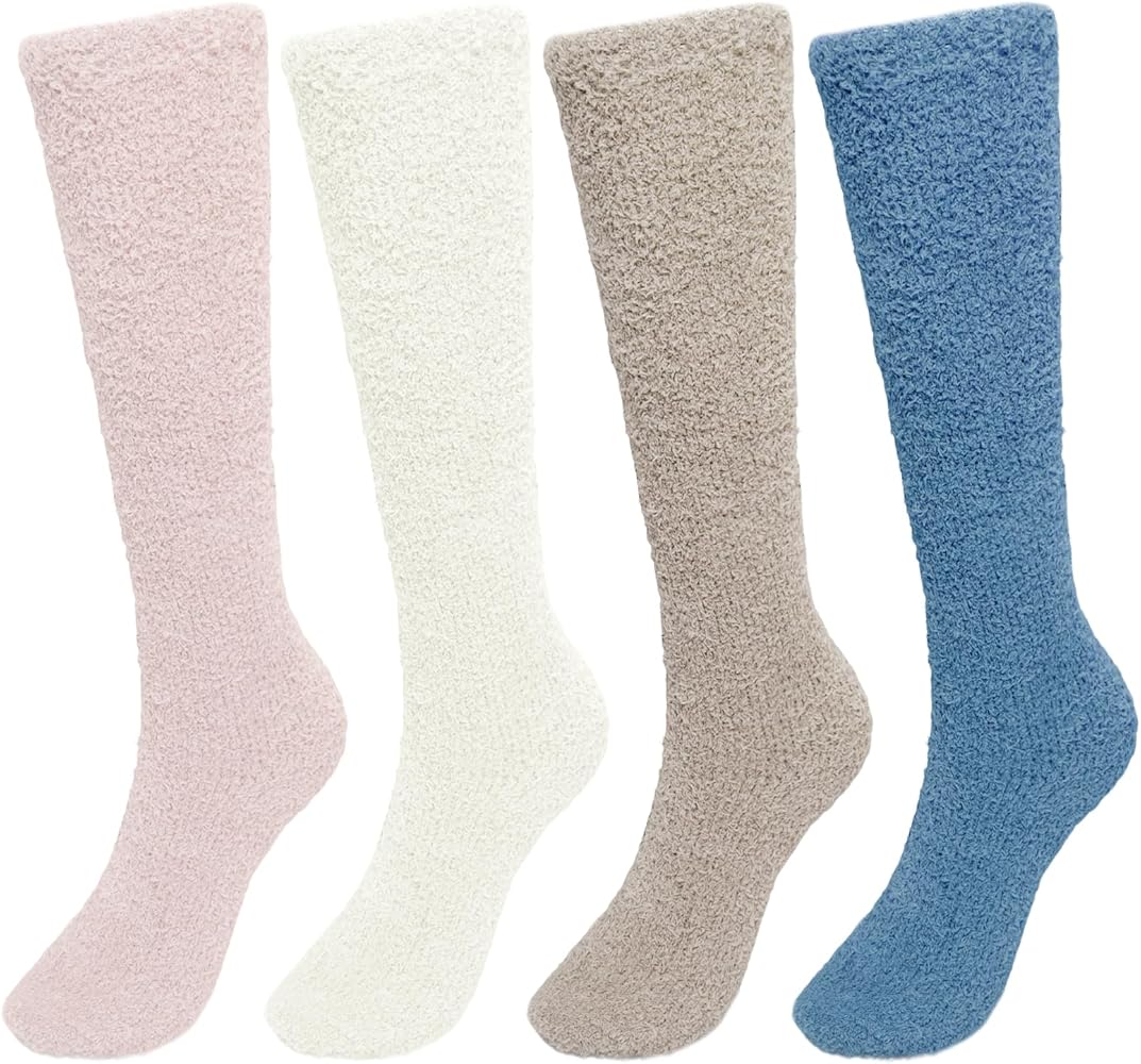 4 Pairs Fuzzy Socks for Women Long Knee Fuzzy High Socks Soft Warm Winter Cozy Plush Socks Assorted for Christmas