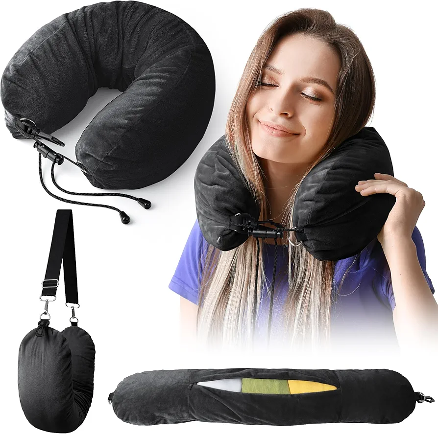 Stuffable Neck Pillow for Travel, Travel Neck Pillow for Extra Luggage Storage Ideal 1-3 Days Travel Essentials, Adjustable U-Shapes Airplane Pillow Size, Soft Velvet Cover, No Filler, Black