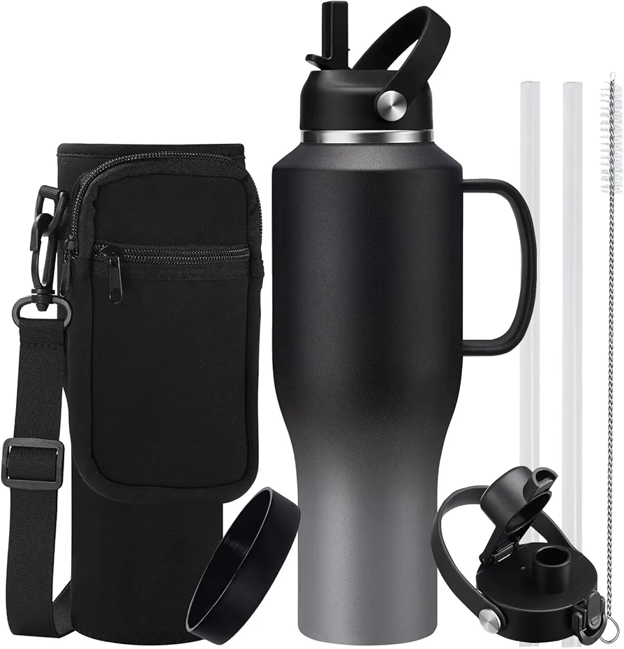 Insulated Water-Bottle 40oz Tumbler with Handle - Vacuum Metal Water Flask with Straws & Sleeve, Stainless Steel Coffee Tumblers Travel Mug, Keep Cold for 48 Hrs, Hot for 24 Hrs