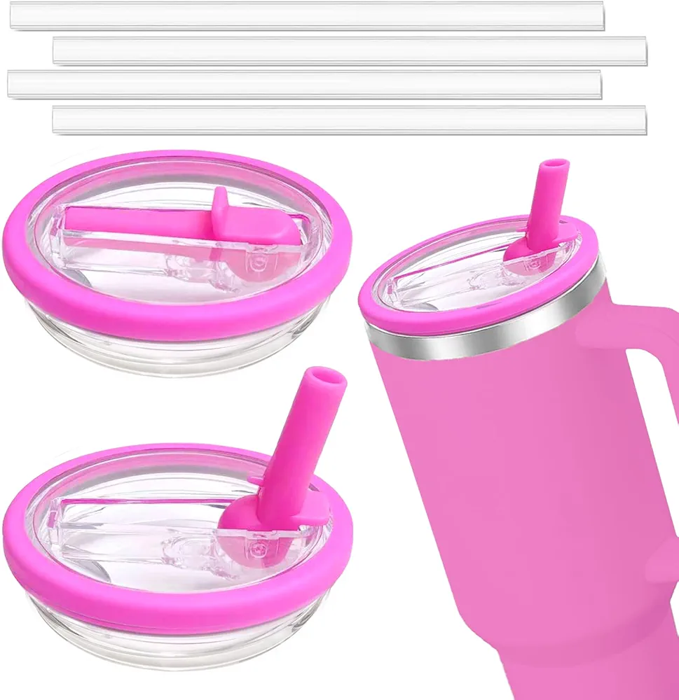 40 OZ Tumbler Flip Straw Lid Replacement Fit for Stanley Tumbler, Spill Proof and Leak Proof, 2 PCS Tumbler Lids Fit for Stanley Cup(Hot Pink)