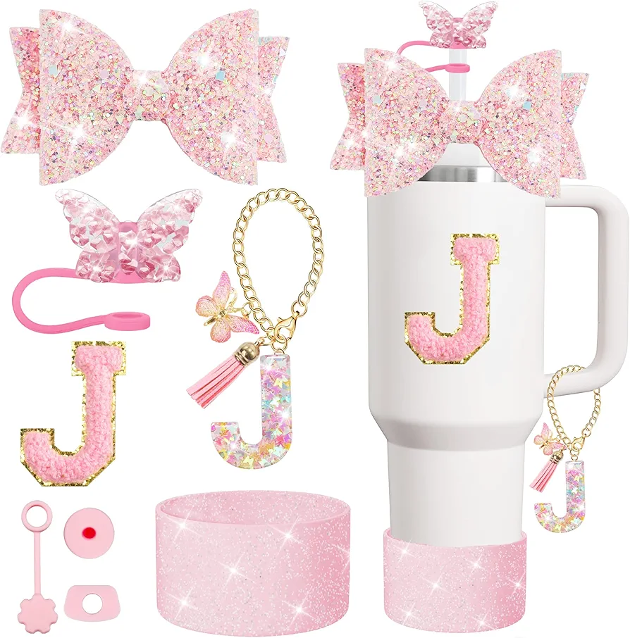 8PCS Stanley Cup Accessories Set for Stanley Cup 30oz 40oz Tumbler with Handle,Including Straw Topper Cover Cap and Boot,Spill Proof Stopper,Handle Charm,Initials Sticker (Pink J)