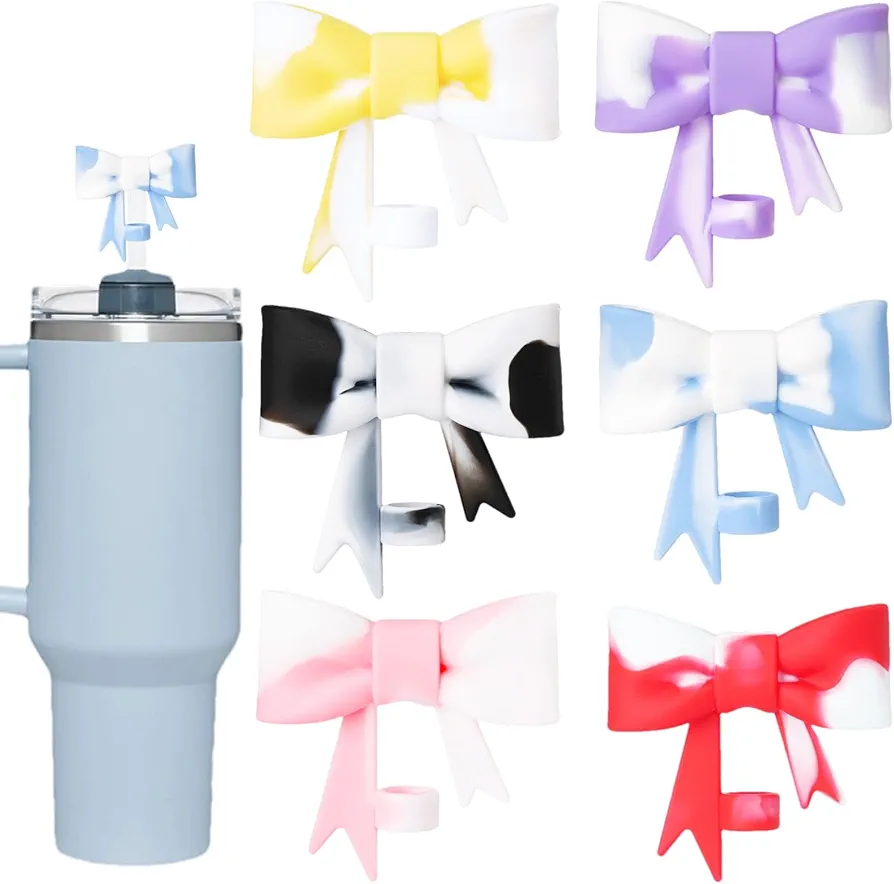 6 Packs Big Mixed Bow 3D Straw Toppers Soft Silicone, Fit 0.4in/10mm Straw, Compatible with Stanley Cup 30&40 Oz, Reusable Straw Covers, Dust-Proof Leak-Proof Straw Protectors Accessories