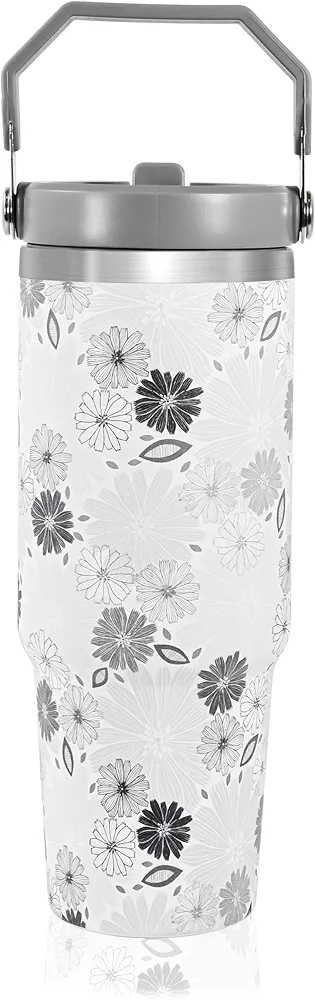 Sunflower Gifts for Women, 30 oz Sunflower Tumbler with Handle Stainless Steel Insulated Tumbler, Water Bottle with Flip Straw Travel Coffee Mugs Cup for Birthday Everyday Christmas Presents, White