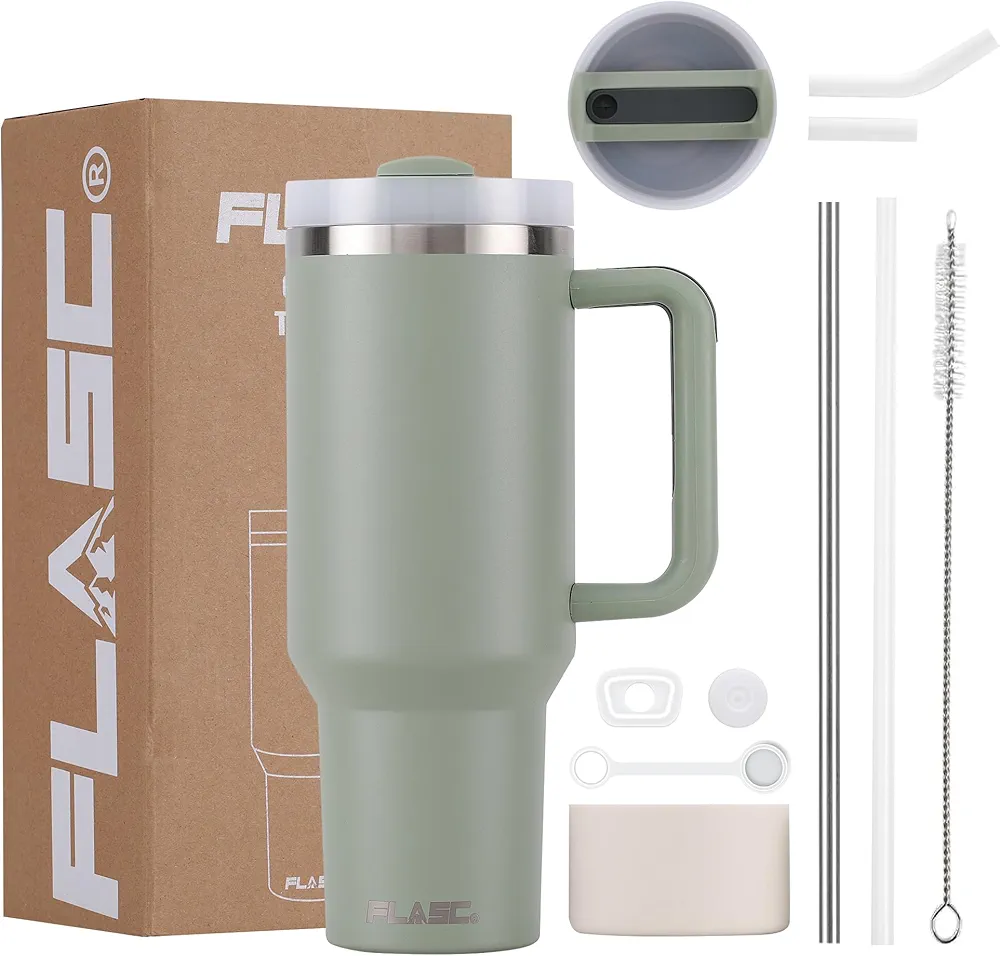 40 oz Tumbler With Handle and Straw | 100% Leakproof Insulated Tumbler With Lid and Straw | Includes ALL Accessories: Stainless Steel Straw, Silicon Boot, Straw Cover & Cleaner (Bayleaf)