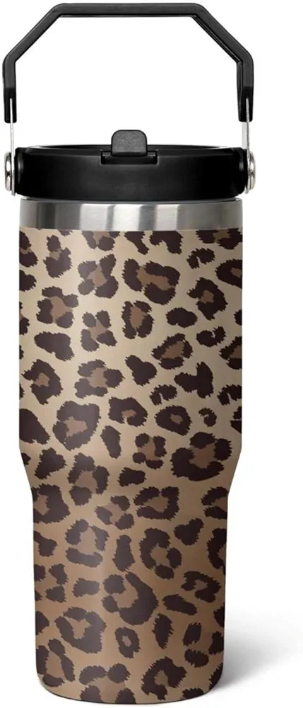 30 oz Tumbler With Handle,Leopard Print Skinny Vacuum Insulated Tumbler With Flip Straw,Cute Cheetah Print Cups Water Bottle CoffeeTravel Tumbler, Leopard Decor/Accessories for Women