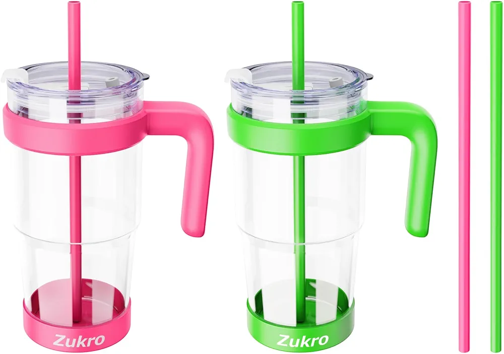 Zukro Glass Tumbler With Handle and Straw Leak Proof, 24 oz Clear Reusable Borosilicate Glass Iced Coffee Cup Water Cup With Silicone Boot for Hot and Cold Drinks, Dishwasher Safe, 2 Pack
