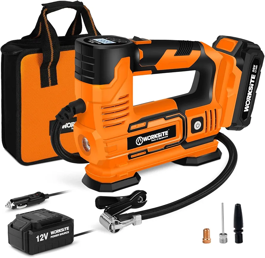 WORKSITE Tire Inflator Air Compressor Portable, 20V Cordless Tire Pump 150 PSI with Digital Pressure Gauge, Rechargeable Li-ion Battery and 12V Car Power Adapter
