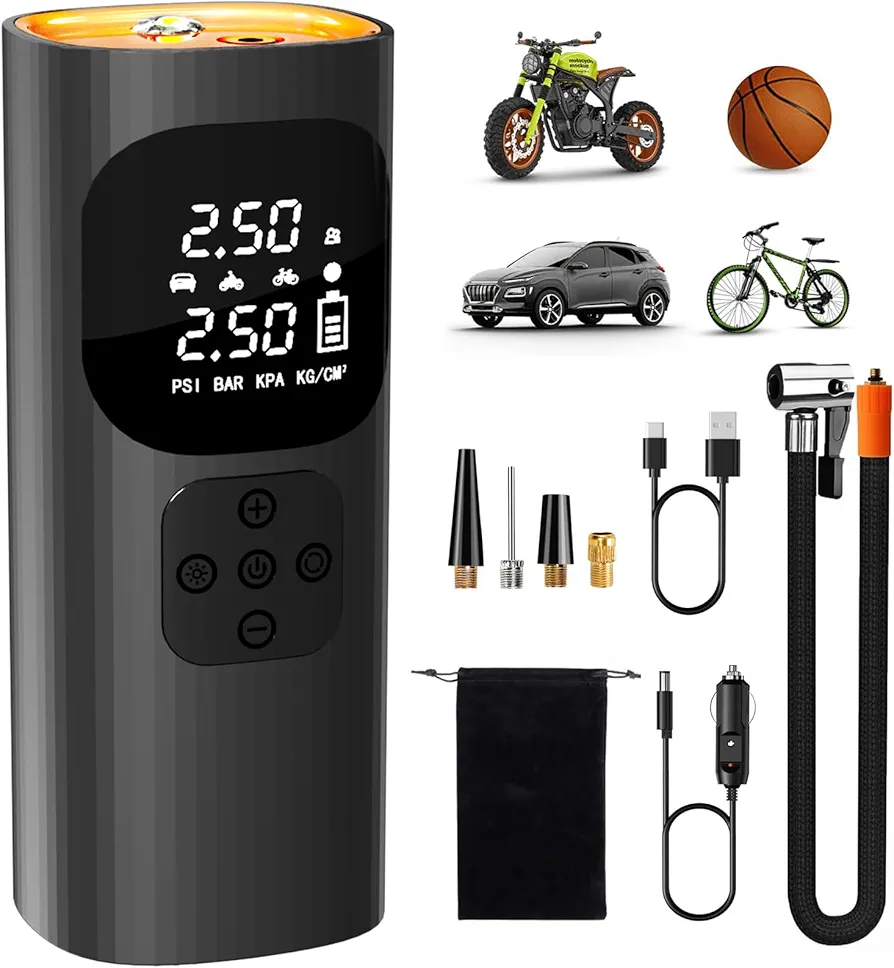 Tire Inflator Portable Air Compressor, Cordless Air Pump, 150PSI Portable Tire Inflator for Car, Motorcycle, Bike Tires & Balls, Pressure LCD Display, LED Light, Auto Shut-Off, Black-Orange