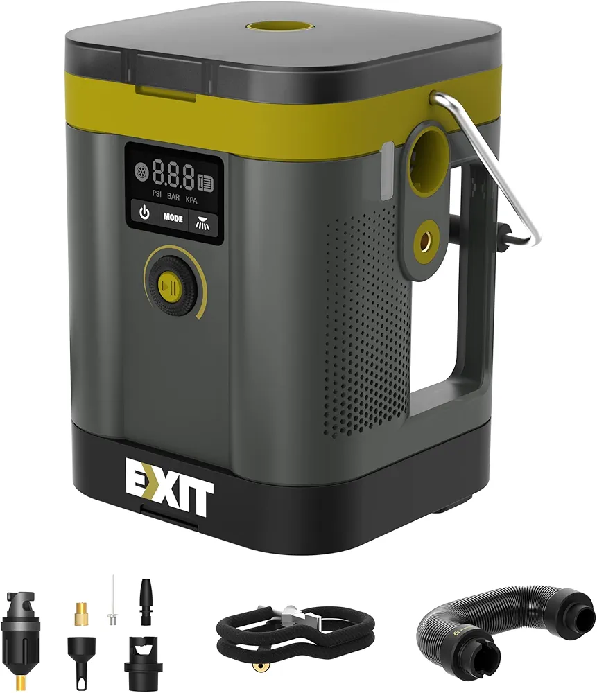 EXIT 20V Tire Inflator Portable Air Compressor, 150PSI Air Pump for Car Tires, Auto Shut Off, Deflation Function, LED Light, Digita Pressure Gauge for Cars Bikes Sport Balls SUPs, Battery Included