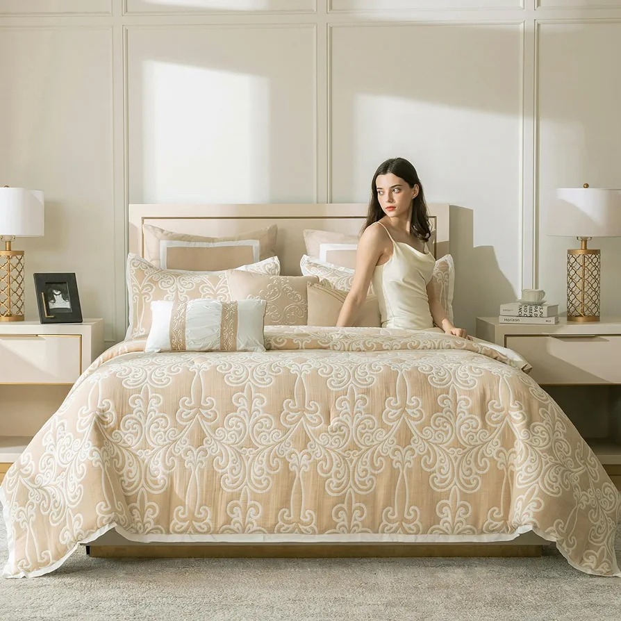 Grand Avenue Cotton Comforter Set California King Size, 9 Piece, Jacquard Bedding Set, Gold and White, Ultra-Soft, All Season, Bedskirt, Pillows & Shams