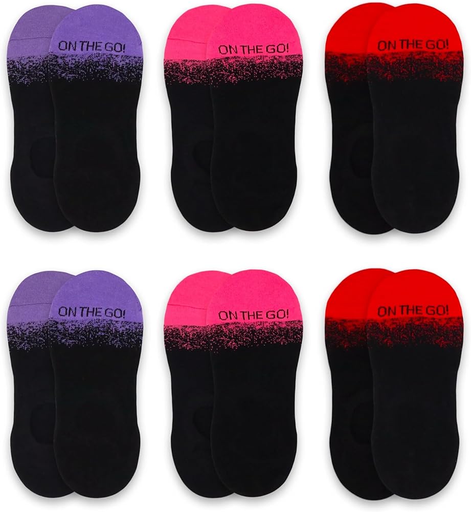 On the Go Women's Invisible Socks - No Slip Grip Lightweight Wicking Cotton (6 Pair Pack, Speckle Brights Combo - Black)