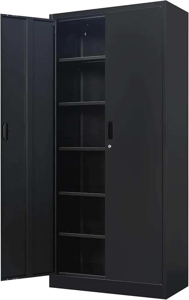 Metal Storage Cabinets with Locking Doors and 5 Adjustable Shelves, Steel Storage Cabinet for Garage, Office, Classroom - Black