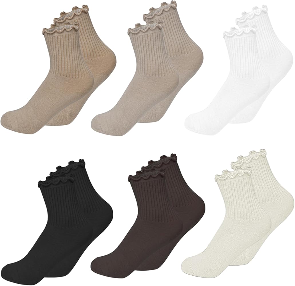 Women's Ruffle Socks,Casual Cute Ankle Socks (6 Pairs Tan Color-Mid Calf)