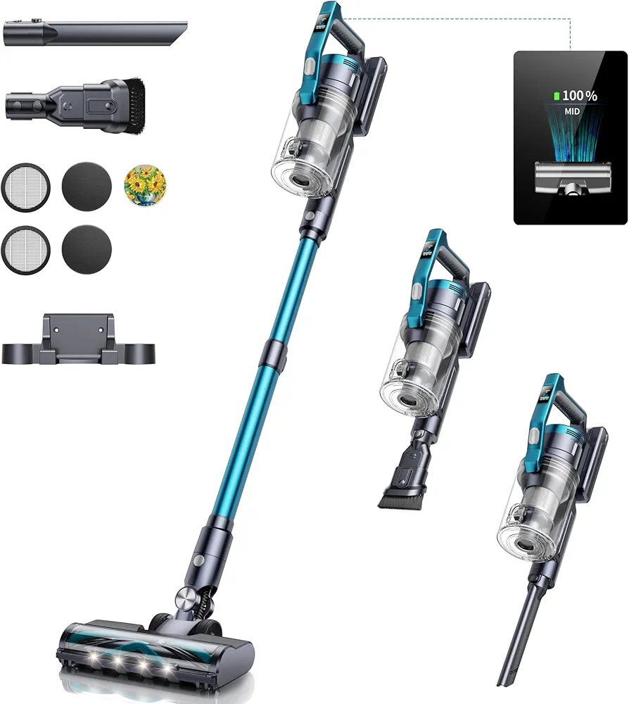 Cordless Vacuum Cleaner, 38Kpa 450W Stick Vacuum with Aromatherapy Design, Anti-Tangle Vacuum Cleaners for Home LED Smart Animation Display, Handheld Household Vacuum for Pet Hair/Carpet/Hard Floor