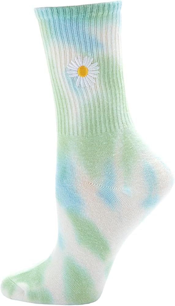 MeMoi Women's Daisy Embroidered Tie Dye Ribbed Crew Socks