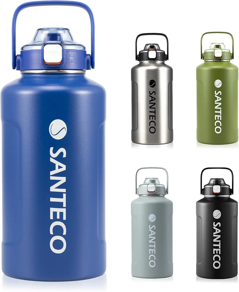 SANTECO 64OZ Vacuum Insulated Half Gallon Water Bottle - Keep Hot Cold Vacuum Flasks with Straw & 2-IN-1 Spout Lids & Handle 1.9L Stainless Steel Water Jug for Sport Camping