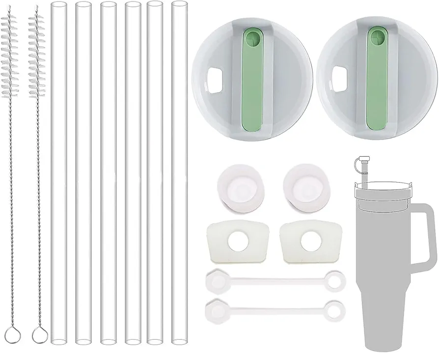 40oz Stanley Cup Accessories Set,Including 2pcs Replacement Lid Fit Stanley 40 Oz Tumbler,Tumbler Lids For Stanley Cup 2.0,H2.0 Silicone Spill Proof Stopper 3 Set and 6 Pcs Long Reusable Straws(Green)