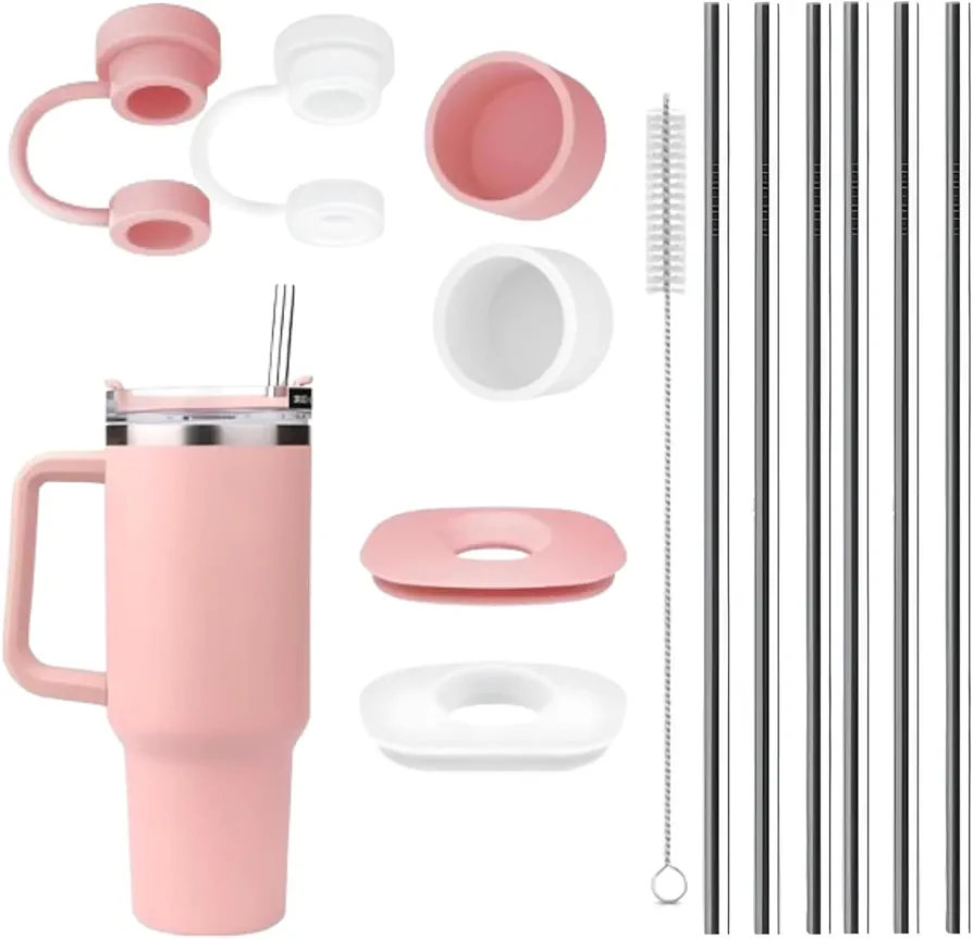 Replacement Straw with Cover Spill Stopper Set for Stanley Cup 40 Oz 30 Oz Tumbler, 6 Stainless Steel Reusable Straws and Cleaning Brush,2 Straw Cover Cap,4 Leak proof Plug for Stanley Cup Accessories