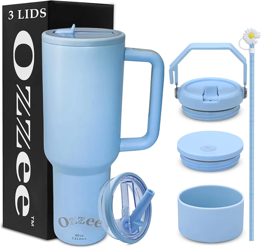 40 oz Tumbler with Handle and Straw, 3 Leak Proof Tumbler Lids (Flip, Straw, Handle), Cup Sleeve & Daisy Flower Straw Cap - Stainless Steel Tumbler, Cup Holder-Friendly keeps Drinks Hot & Cold