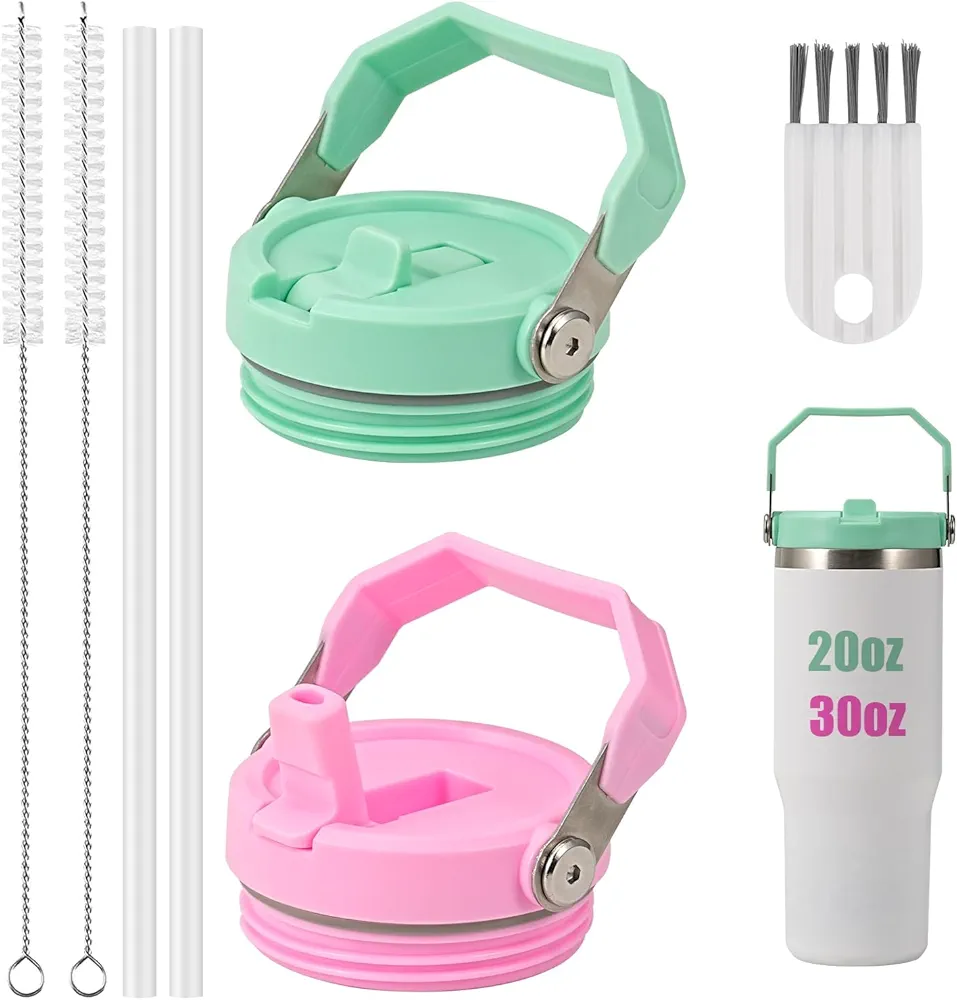 2PCS Tumbler Lid for Stanley Iceflow 20 oz 30 oz, Spill Proof Flip Straw Lid Leak-proof Replacement with Reusable Straw and Cleaning Brush(Pink+Green)