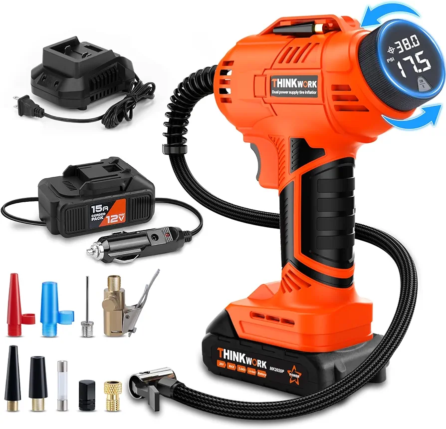 Tire Inflator Portable Air Compressor, Cordless Car Tire Pump with 20V Rechargeable Battery, 12V Car Power Adapter, Digital Pressure Gauge, 150 PSI Handheld Air Pump for Car, Motorcycle, and Bike