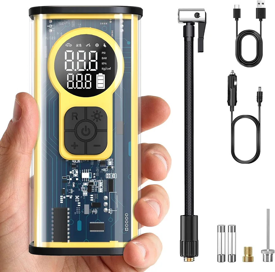 Mini Bike Tire Pump with Guage, 30s Fast Inflate Bike Tire Pump, 150PSI Portable Bicycle Tire Pump with Auto Stop, electric bike pump for Bike,Car，Motorcycle and Ball.