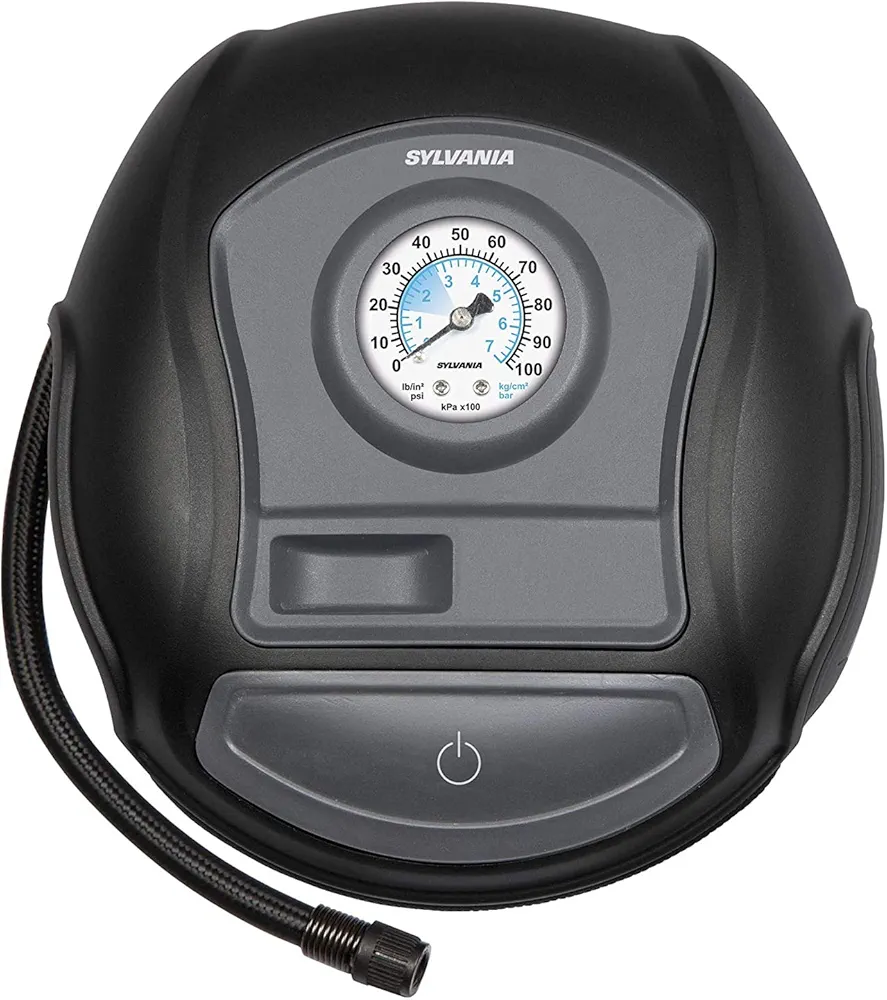 Sylvania Basic Portable Tire Inflator - For Cars Tires, Bikes & More - Functions as a Portable Air Compressor - Analog Dial on Car Tire Inflator - 3 Piece Adapter Set