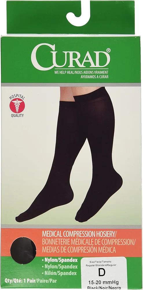 CURAD Knee High Compression Hosiery, 15-20 mmHg, Black, Size D (XL) - Medical Grade Support Stockings