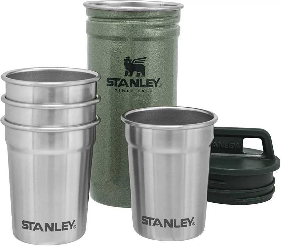 Stanley Adventure Nesting Shot Glass Set, 4 Stainless Steel Shot Glasses with Rugged Metal Travel Carry Case, Camping Gifts, Hammertone Green, 2oz