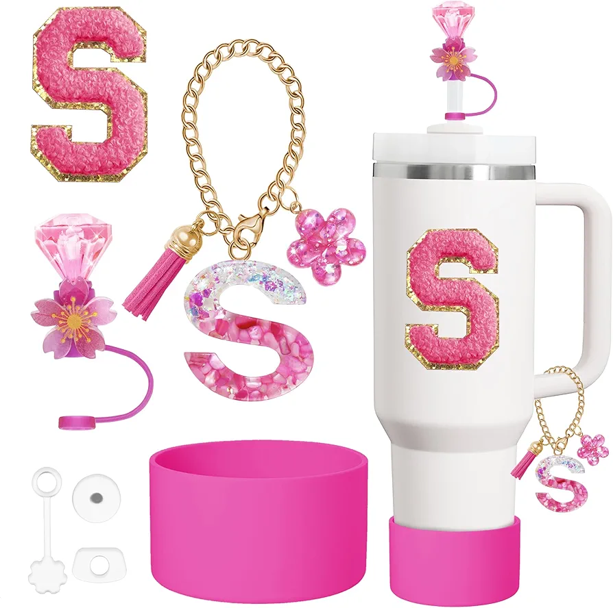 7PCS Stanley Cup Accessories Set for Stanley Cup 30oz 40oz Tumbler with Handle,Including Straw Topper Cover Cap and Boot,Spill Proof Stopper,Handle Charm,Initials Sticker (Rose pink S)