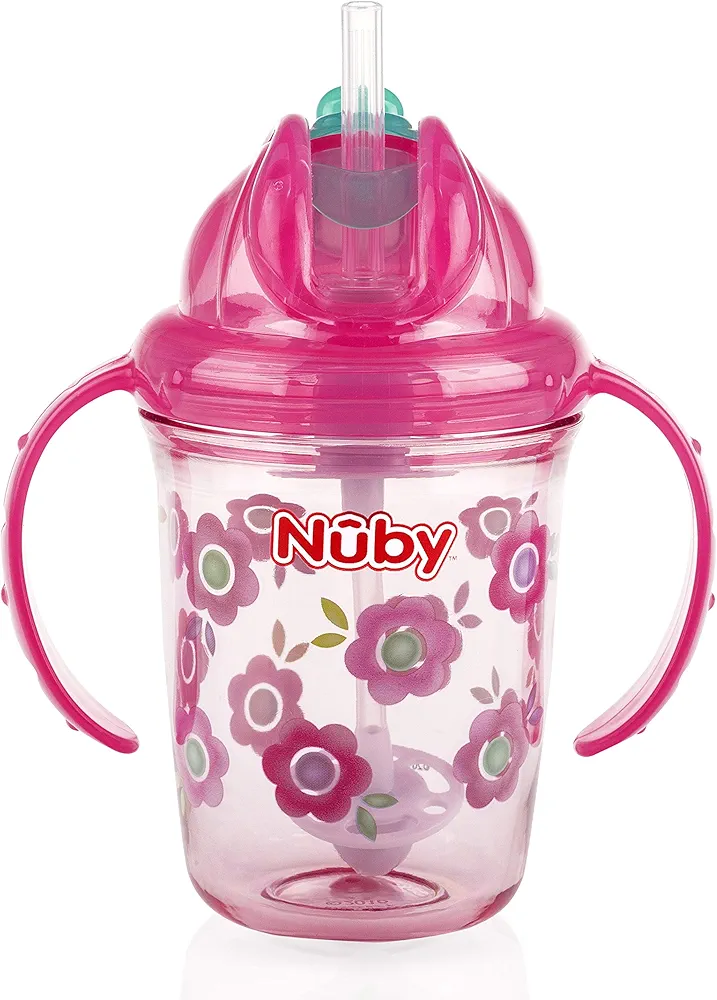 Nuby Tritan No Spill Flip N' Sip Twin Handle Printed Cup with 360 Weighted Straw (Pink, Flowers)
