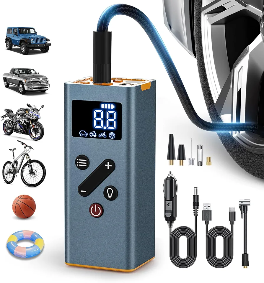 Tire Inflator Portable Air Compressor 12V DC Alloy Shell 150PSI Max Automatic Shut Off Air Pump with Digital Pressure Gauge Smart Pump Tire Inflator for Car, Motorcycle, Bicycle (Silver)