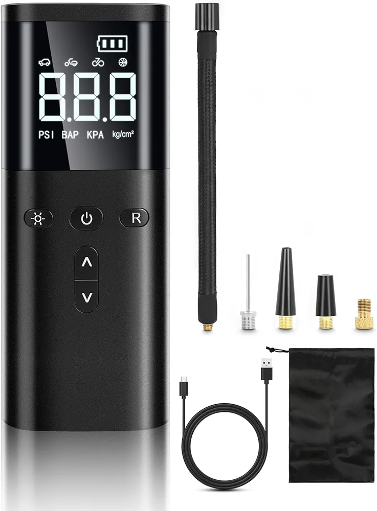 Tire Inflator Portable Air Compressor, 150PSI Portable Air Compressor, Cordless Tire Pump with LED Light for Car, Bike, Motorcycle, Ball
