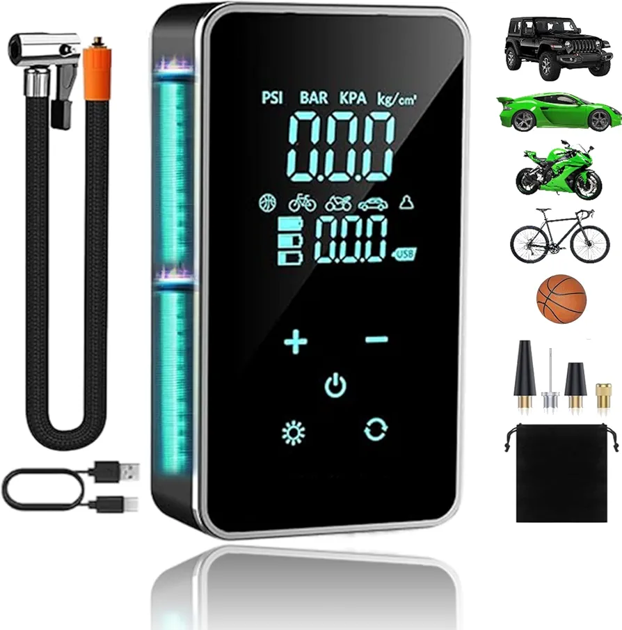 Tire Inflator Portable Air Compressor Cordless with Digital Pressure Gauge, Touch Screen,150PSI, LED Light, 18000mAh Rechargeable Cordless for Car, Bicycle, Motorcycles and Ball. 3X Faster Inlfation