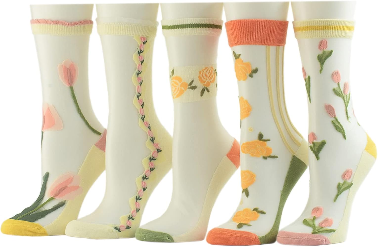 5 Pairs Sheer Socks Flower Patterned Women Summer Transparent Thin Lace Socks Elastic Jacquard Crystal Glass Socks