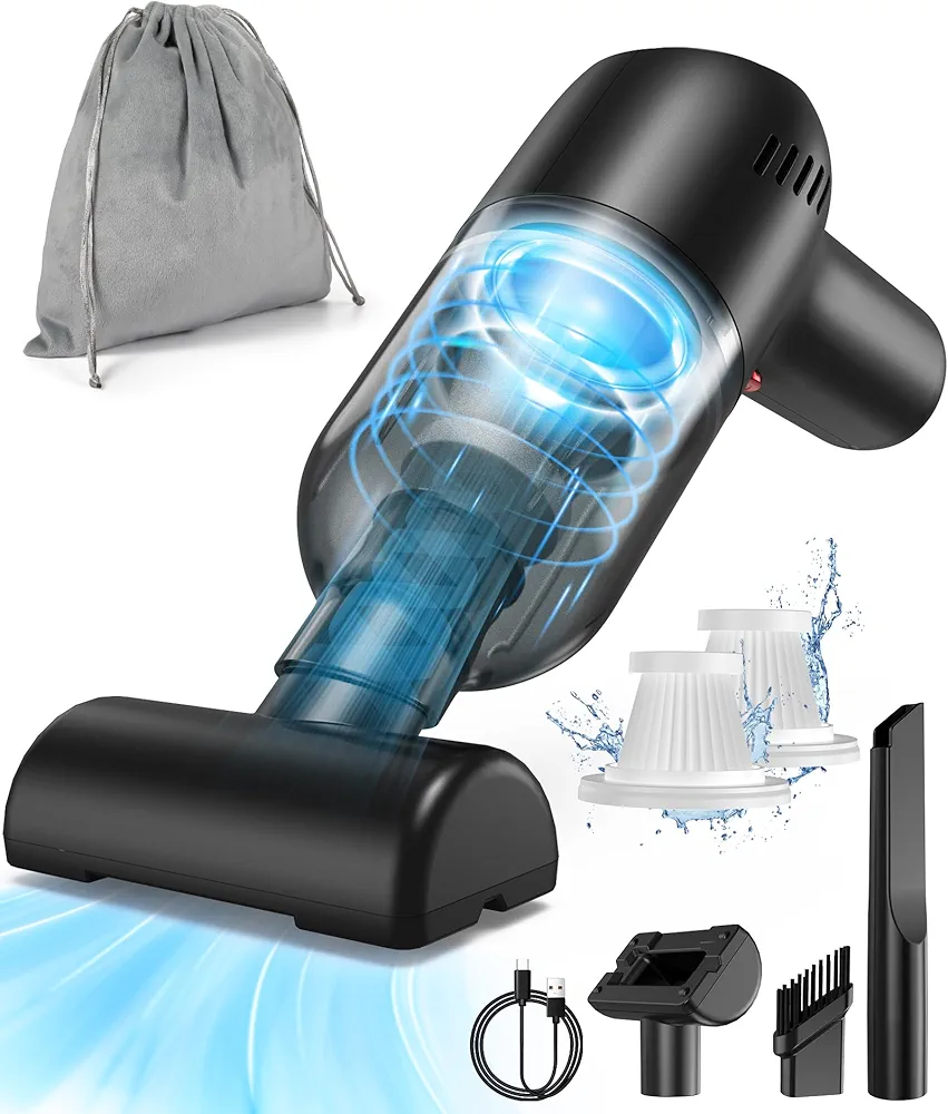 Cordless Vacuum Cleaner for Car & Room Cleaning, Small Handheld Air Duster, USB-C Charging, Portable Design with Replaceable Filters & Multi-nozzles & Storage Bag (Black)
