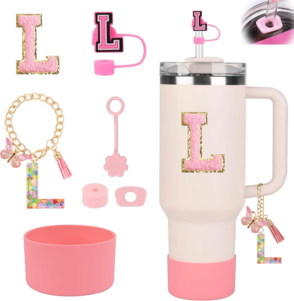 Stanley Cup Accessories Set for Stanley Cup 30oz 40oz, Stanley Tumbler Accessories Including Silicone Straw Cover Cap and Boot, Spill Proof Stopper, Cute Letter Keychain Handle Charm, Sticker (L)