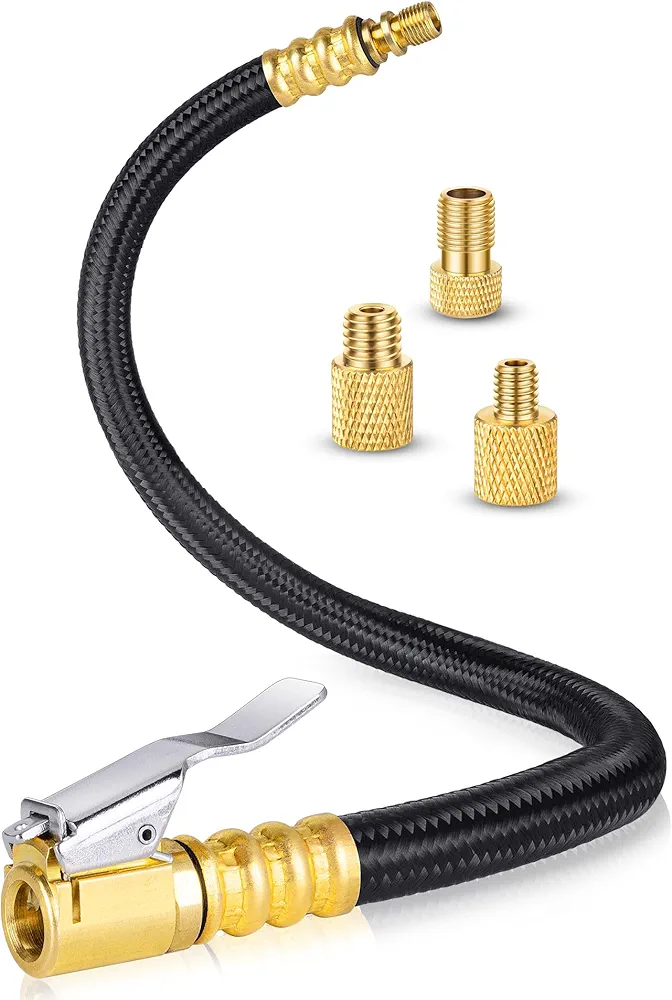 12'' Tire Inflator Extension Tube, Tire Pump Chuck Hose Adapter w/Presta Valve for Air Compressor Quick-Inflation, Clip On Air Chuck High-Pressure Tube Car Motorcycle Bicycle Maintenance Accessories