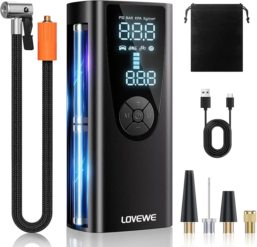 Portable Cordless Tire Inflator, 2x Faster Inflation, 6000mAh for 4 Tires, 150 PSI Max, LED Display, Auto Shutoff, USB Power Bank, Emergency Light for Car, Bike, Ball