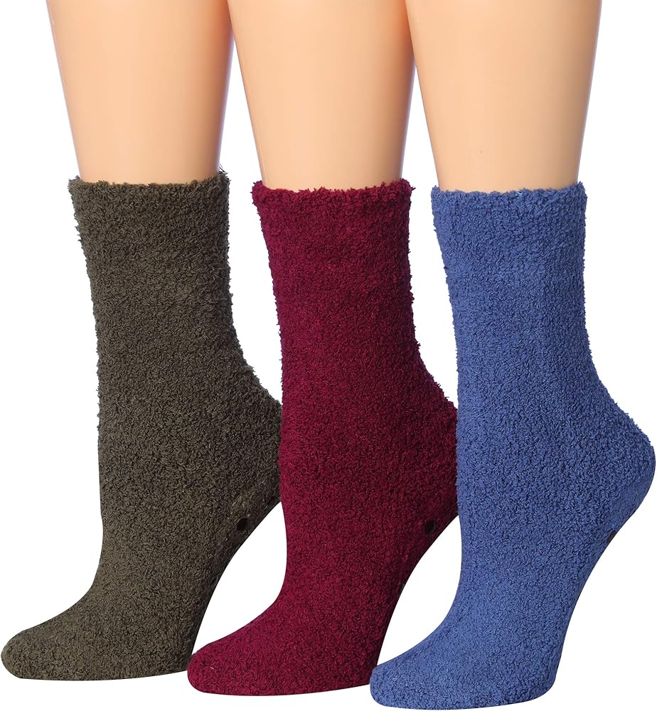 Tipi Toe Women's 3-Pairs Cozy Microfiber Anti-Skid Soft Colorful Patterned Fuzzy Crew Socks Slipper FZ30-A