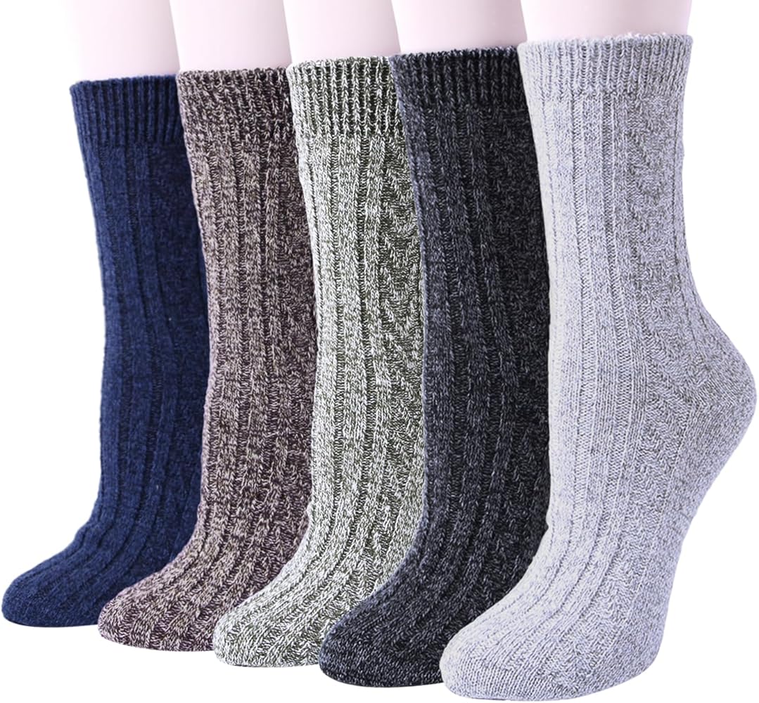 YSense Pack of 5 Womens Wool Socks Winter Warm Hiking Socks Casual Calf Athletic Socks Gifts