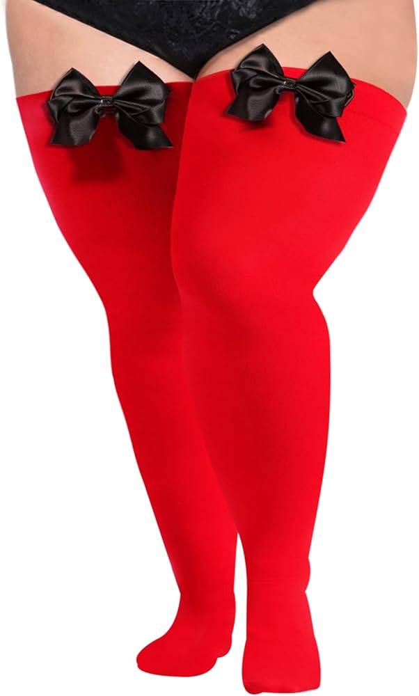 Moon Wood Women Plus Size Bow Thigh Highs Stockings Opaque Over the Knee Socks for Valentine's Day Dress Daily Favors