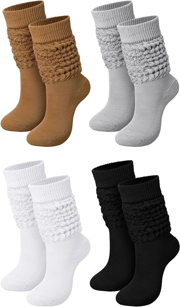 Janmercy 4 Pairs Slouch Socks for Women Bulk Stacked Socks Boot Socks 80s 90s Neon Slouch Socks Knit Scrunchie Socks