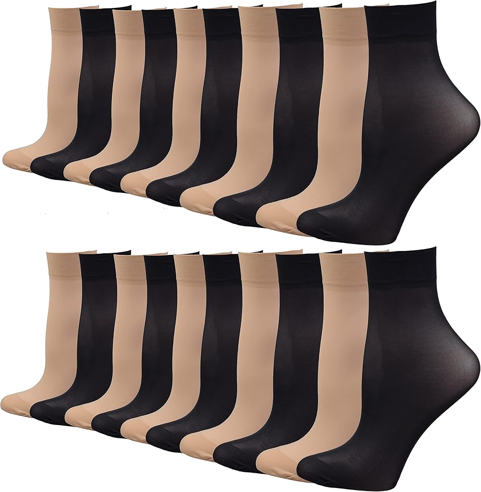 Women's 20 Pairs Ankle High Sheer Nylon Socks Soft Tight Hosiery with Reinforced Toe (Pack of 20 Pairs -10 Black 10 Beige (50D-20Mix))