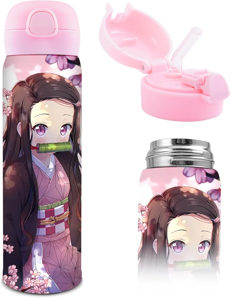 Anime Slayer Water Bottle with Straw, Vacuum Insulated Kimetsu no Nezuko Tanjirou Cosplay Stainless Steel 16.9oz Cup Thermoses with Locking Cover Leak-Proof Design (WB-Douzi xg 2403), 500ML