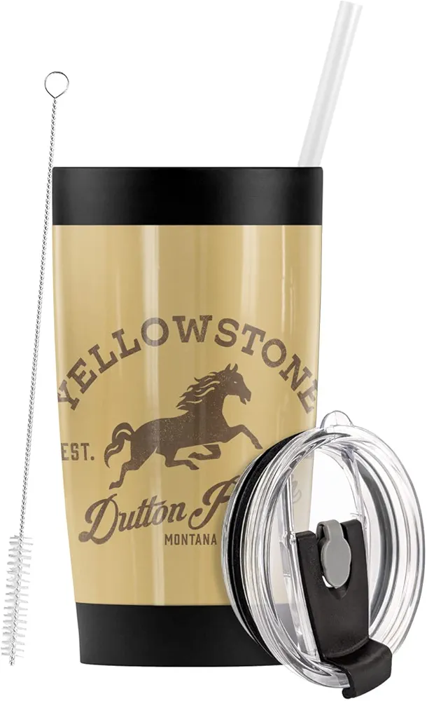 Logovision Yellowstone OFFICIAL Yellowstone Dutton Ranch Horse Stainless Steel Tumbler with Straw and Flip Lid 20 oz Travel Mug/Cup, Vacuum Insulated & Double Wall with Leakproof Dual Lid