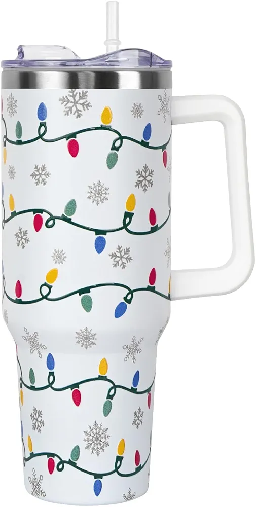 Christmas Tumbler with Handle and Straw Lid 40 oz,Cute Christmas Gifts for Women Xmas Lights Snowflakes Vacuum Insulated Leak Proof Tumbler,Winter Holiday Accessories Stainless Steel Coffee Cup Mug